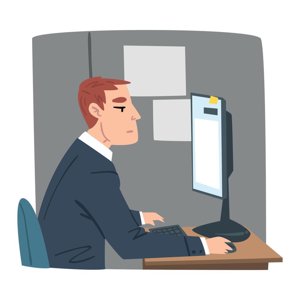 Young Man Working on Computer in Office, Businessman or Office Worker Daily Routine Cartoon Style Illustration vector