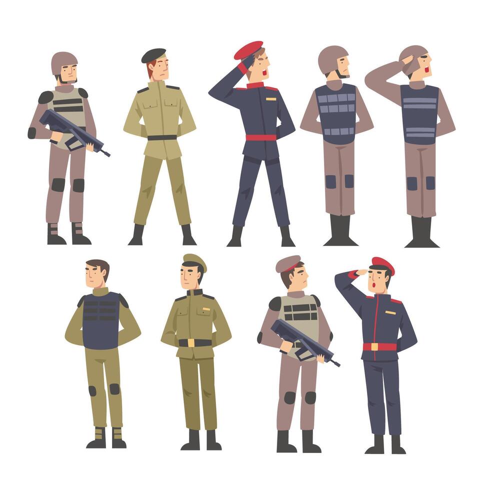 Military People Set, Army Soldiers Characters Dressed in Various Combat Uniform Cartoon Style Illustration vector