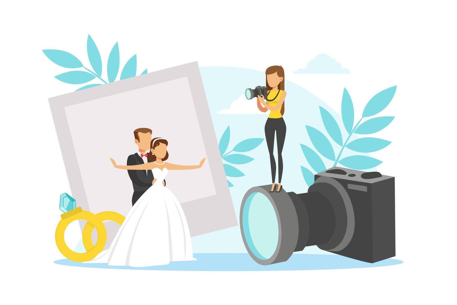 Tiny Romantic Newlyweds Standing Together and Posing for Photographer Shooting Them, Wedding Photo Shoot Flat Illustration vector
