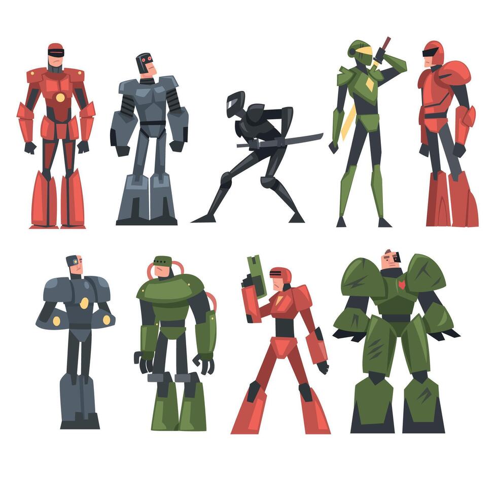 Robotic Men Set, Carnival Party or Masquerade Concept, Game Design Element Cartoon Style Illustration vector
