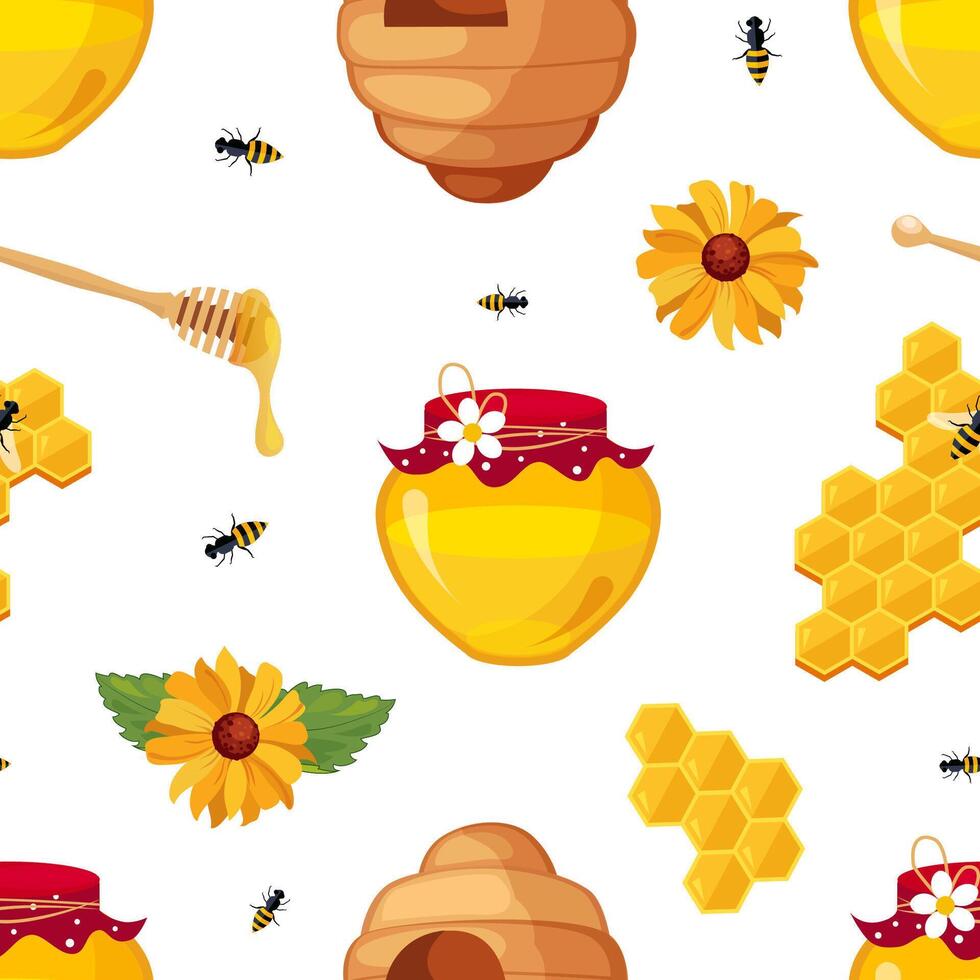 Honey Bee, Honeycomb, Jar and Flowers Seamless Pattern, Organic Natural Honey Products, Beekeeping and Honey Production Illustration vector