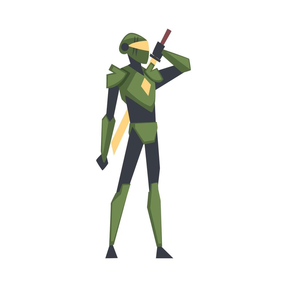 Robotic Man in Green Costume with Sword, Cyborg Character, Carnival Party, Masquerade or Online Game Design Element Cartoon Style Illustration vector