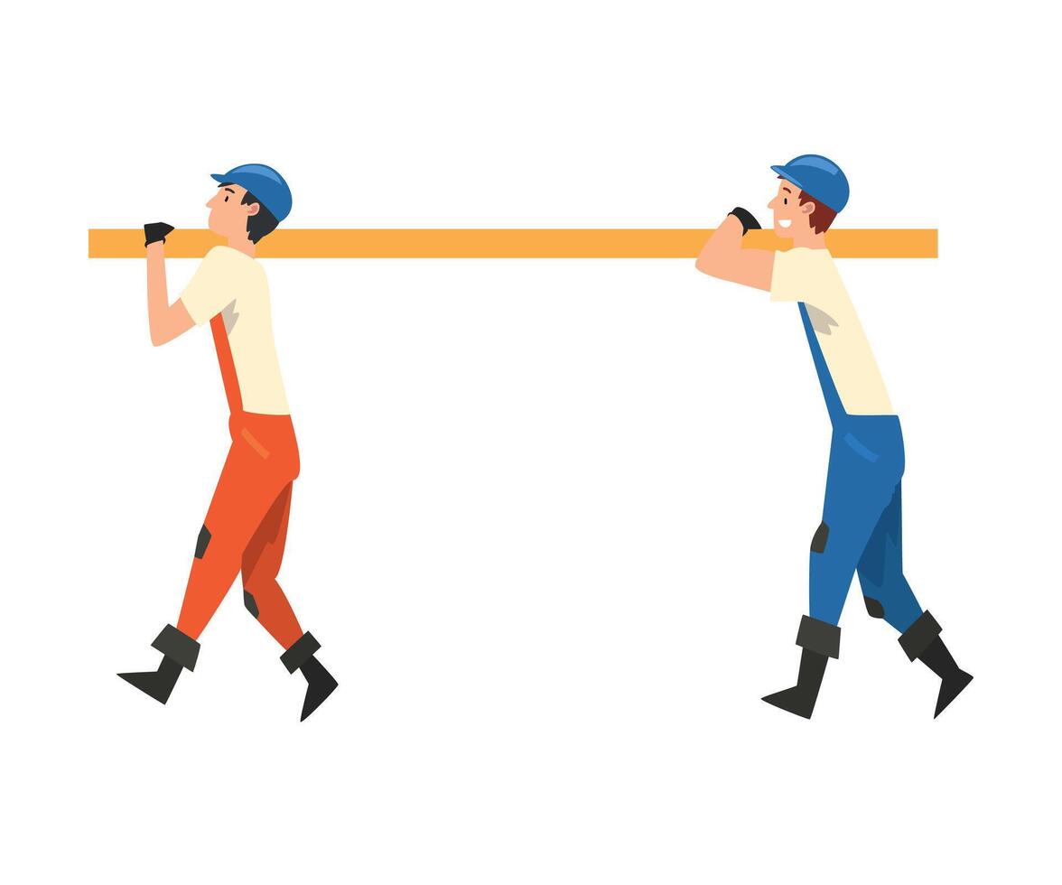 Two Construction Workers Carrying Wooden Plank for Construction of New Building, Male Builder Character Wearing Uniform and Protective Helmet Building House Cartoon Illustration vector