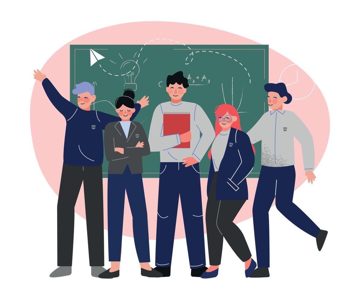 Group of Students Standing Together in Front of Blackboard, Teenage Boys and Girls in Uniform in Classroom Illustration vector