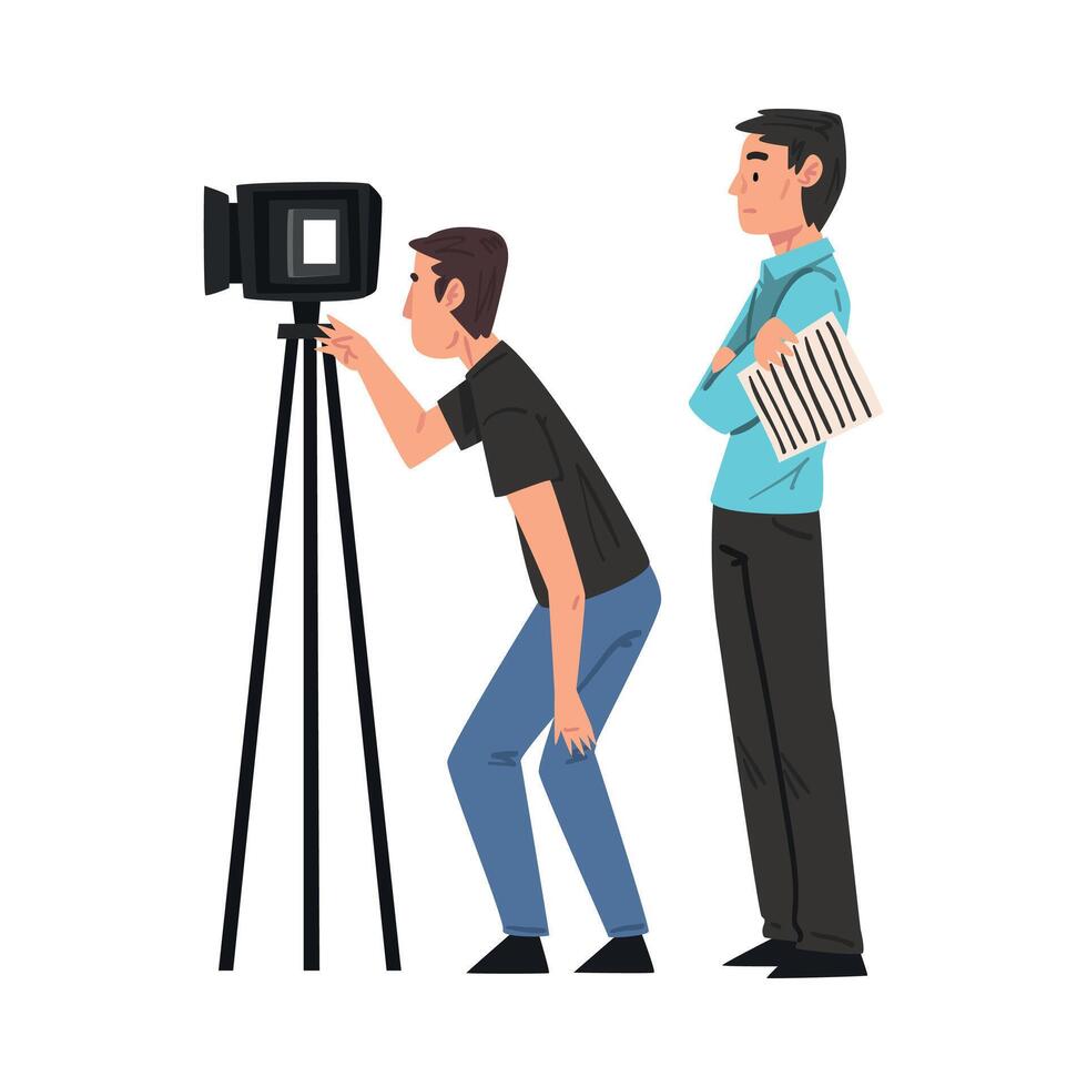 M Cameraman Shooting with Camera on Tripod, Anchorman Standing Next to Him, Television Industry Concept Cartoon Style Illustration vector