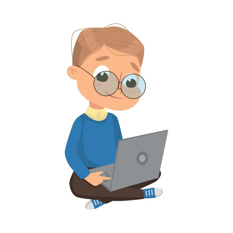 Little Boy Using Laptop Computer, Cute Intelligent Kid with Device, Education and Knowledge Concept Cartoon Style Illustration vector