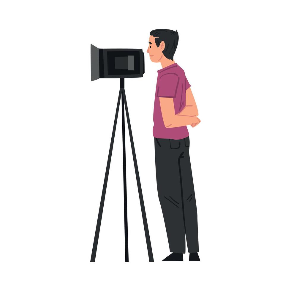 Operator Looking Through Camcorder on Tripod, Television Industry Concept Cartoon Style Illustration vector