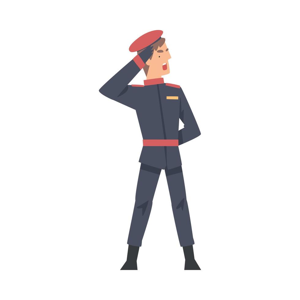 Army Soldier Saluting, Infantry Military Man Character in Blue Uniform and Cap Cartoon Style Illustration vector