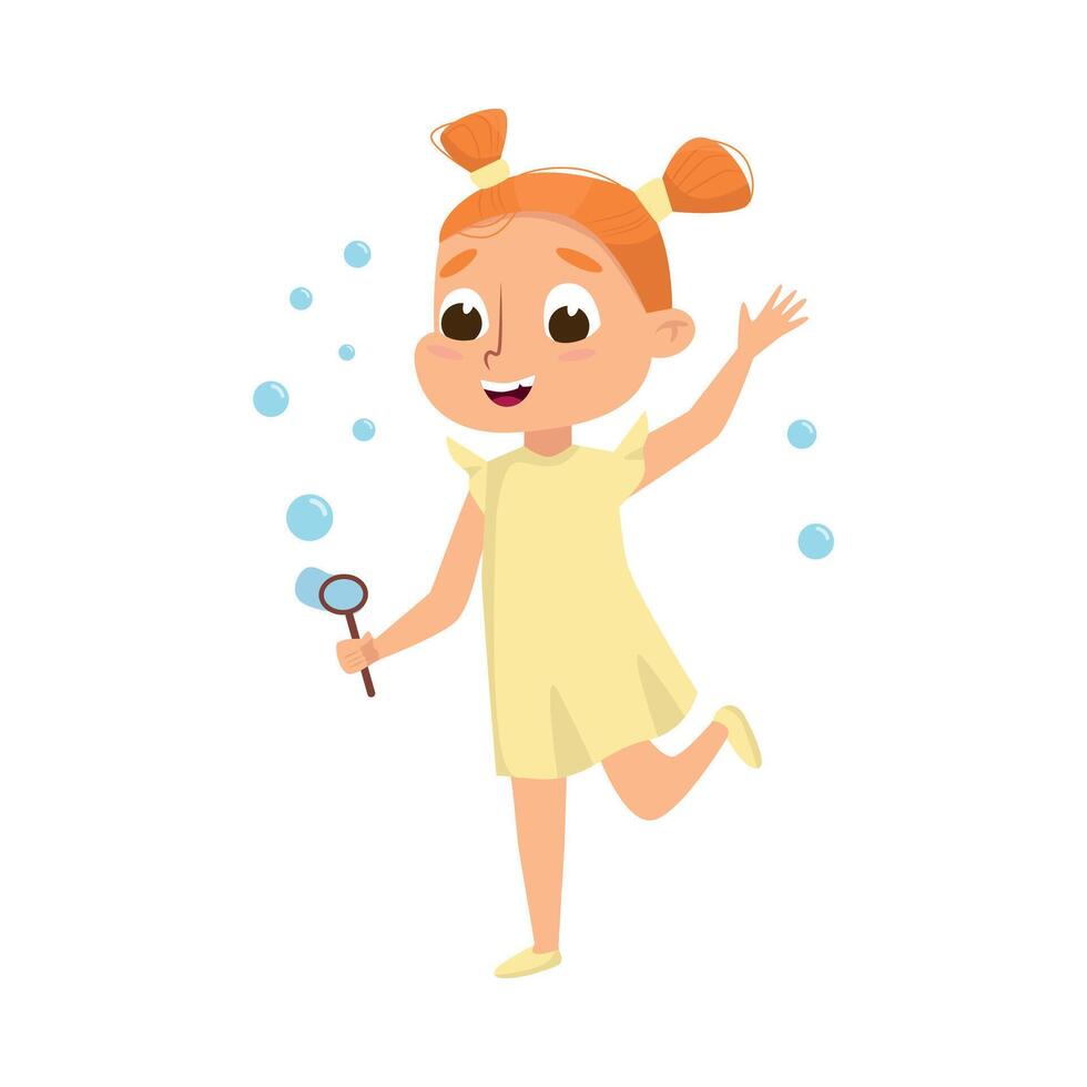 Lovely Redhead Girl Blowing Soap Bubbles Through Wand, Cute Kid Having Fun with Soap Bubbles Cartoon Style Illustration vector