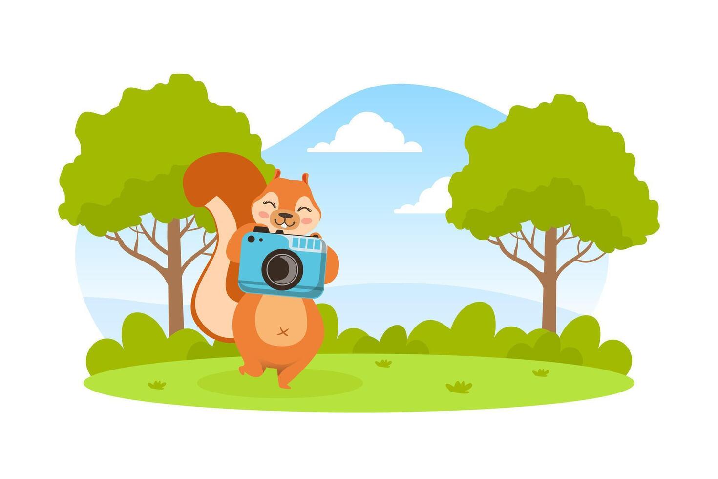 Cute Squirrel Taking Photo with Camera, Adorable Wild Animal Character on Summer Landscape Illustration vector