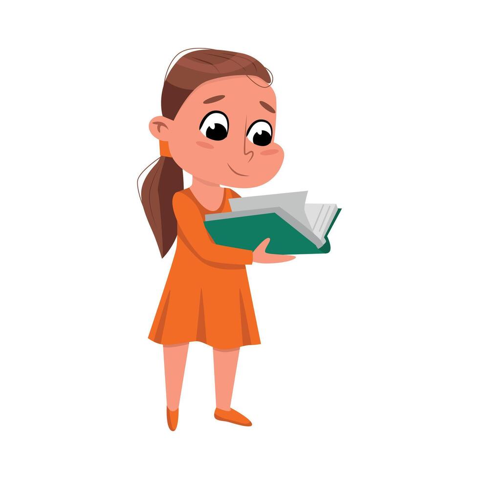 Brunette Girl Reading Book while Standing, Adorable Preschooler Kid or Elementary School Student Enjoying Literature Cartoon Style Illustration vector