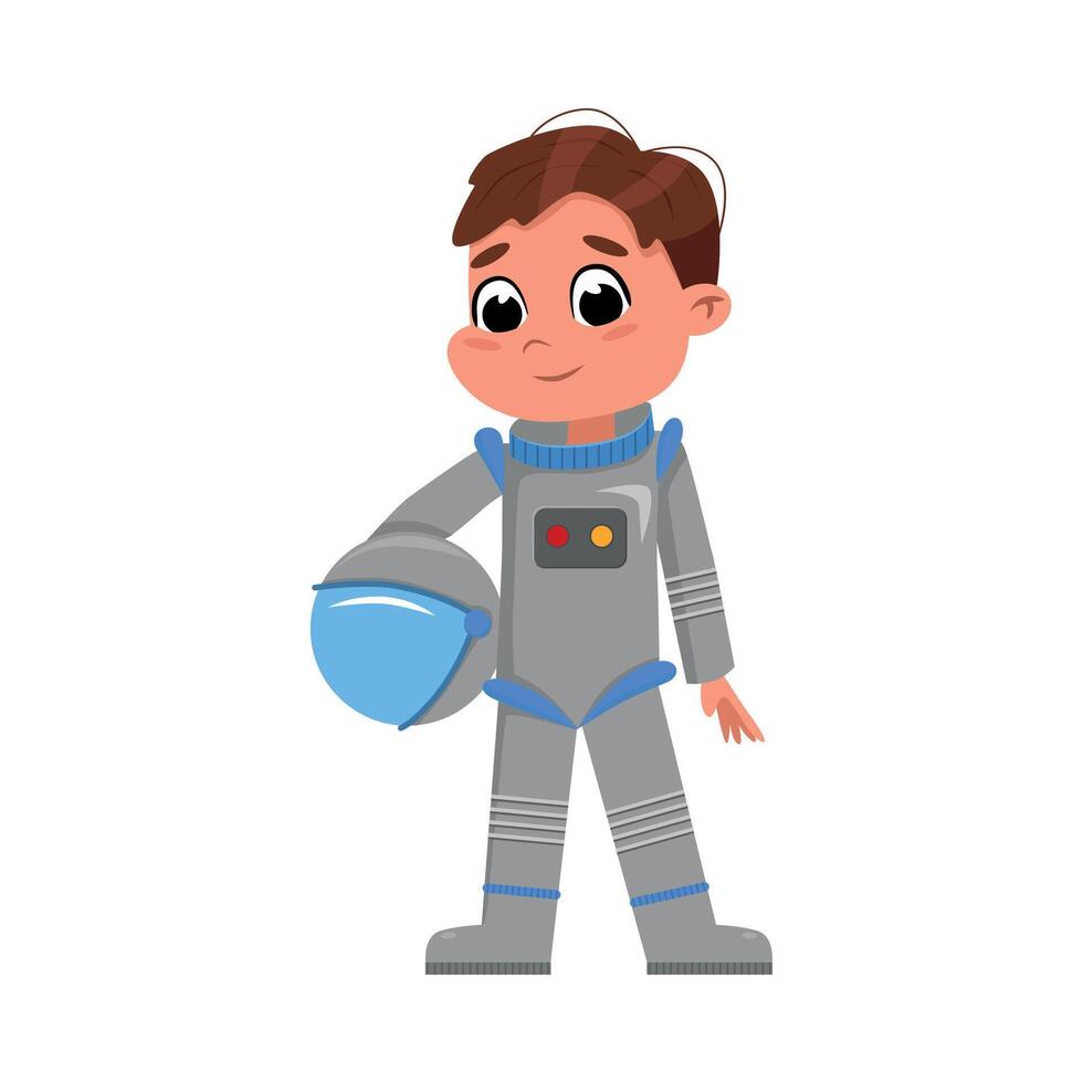 Cute Boy in Space Suit Standing with Helmet in his Hands, Kid Dreaming of Becoming an Astronaut Cartoon Style Illustration vector