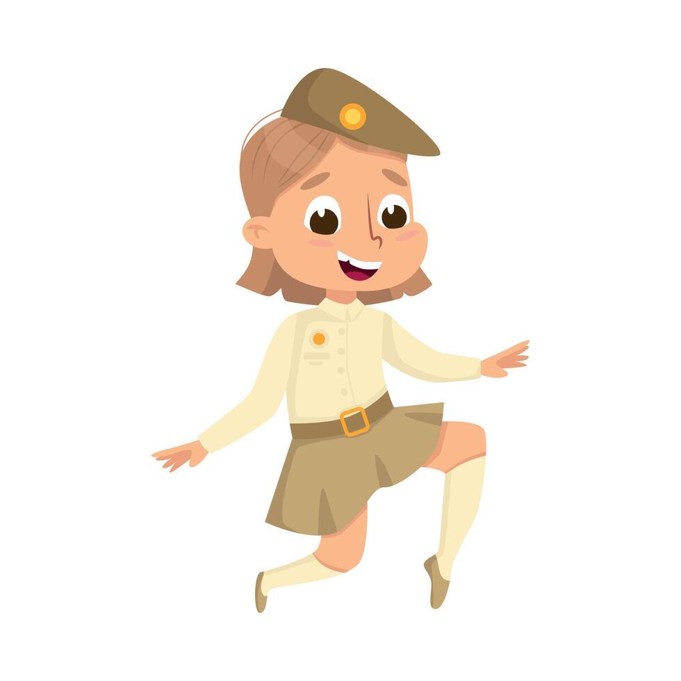 Cute Scout Girl, Happy Scouting Child Character in Uniform and Cap, Summer Holiday Activities Concept Cartoon Style Illustration vector
