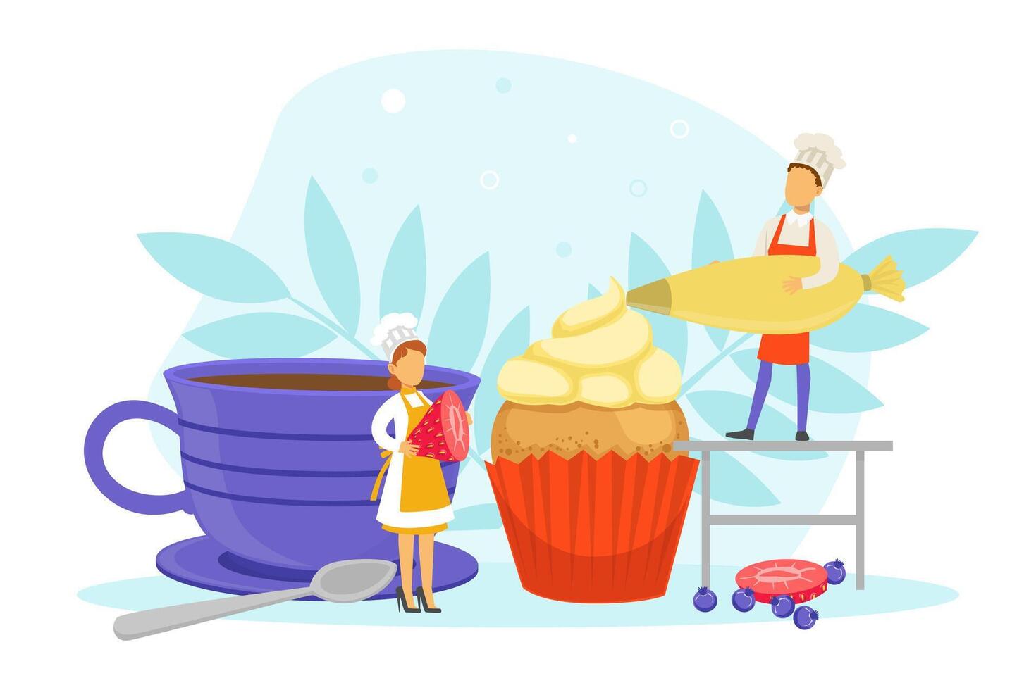 Team of Confectioners Decorating Cupake with Cream, Tiny People in Uniform and Cap Cooking in Kitchen Illustration vector