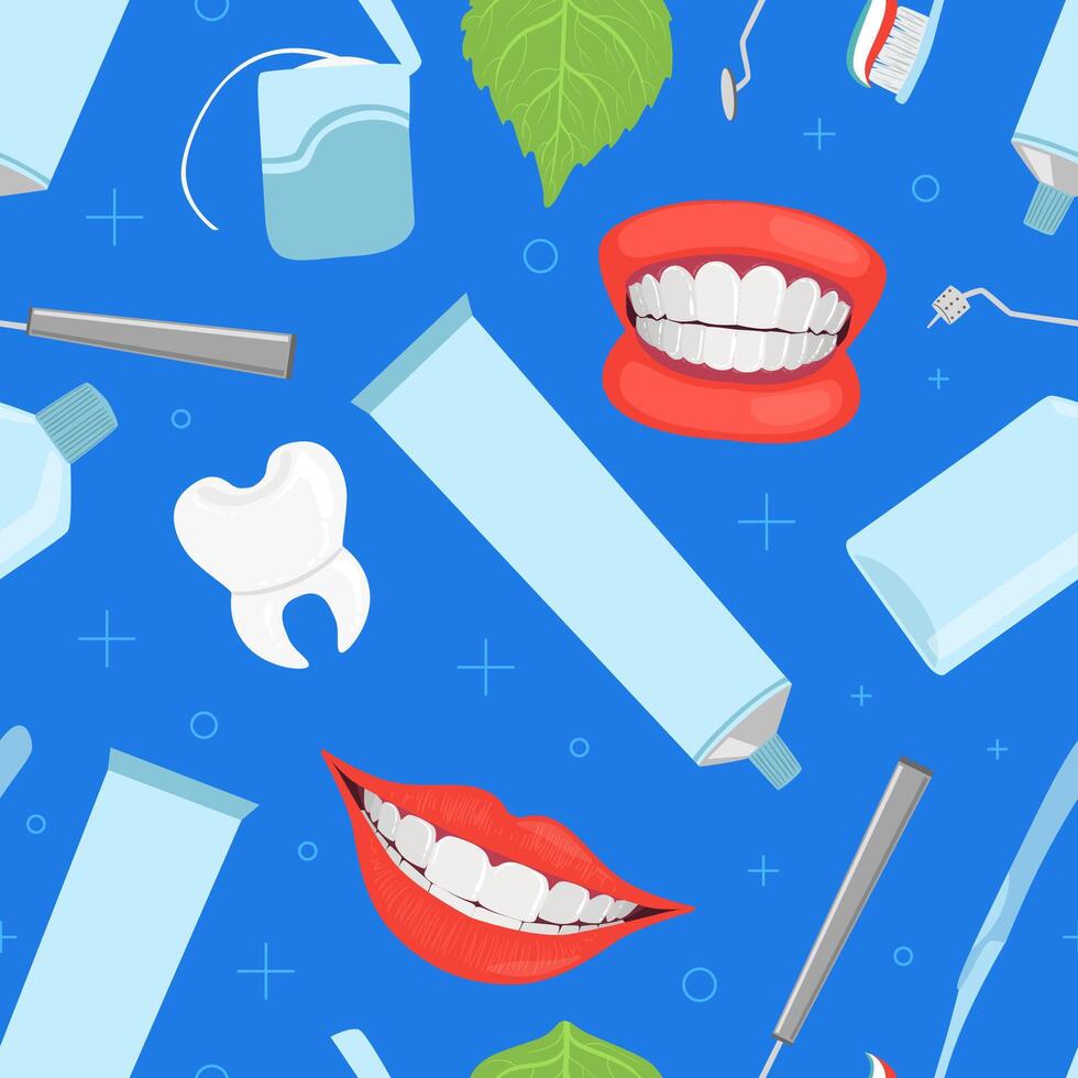Dentistry Seamless Pattern with Dental Instruments and White Healthy Teeth, Design Element Can Be Used for Website, Wallpaper, Background illustration vector