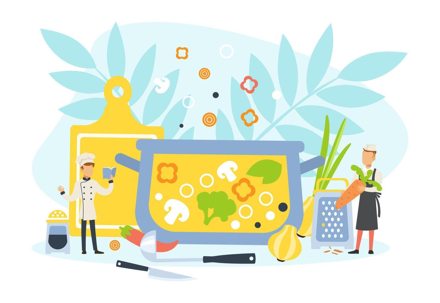 Restaurant Stuff Cooking Vegetarian Dish, Tiny Chef Characters in Uniform and Cap Cooking in Kitchen Illustration vector