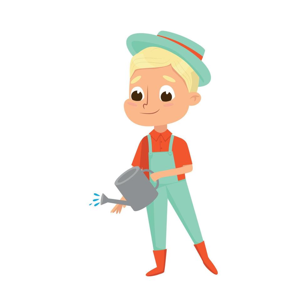 Cute Boy with Watering Can, Little Kid Farmer Character in Overalls Working in Garden Cartoon Style Illustration vector