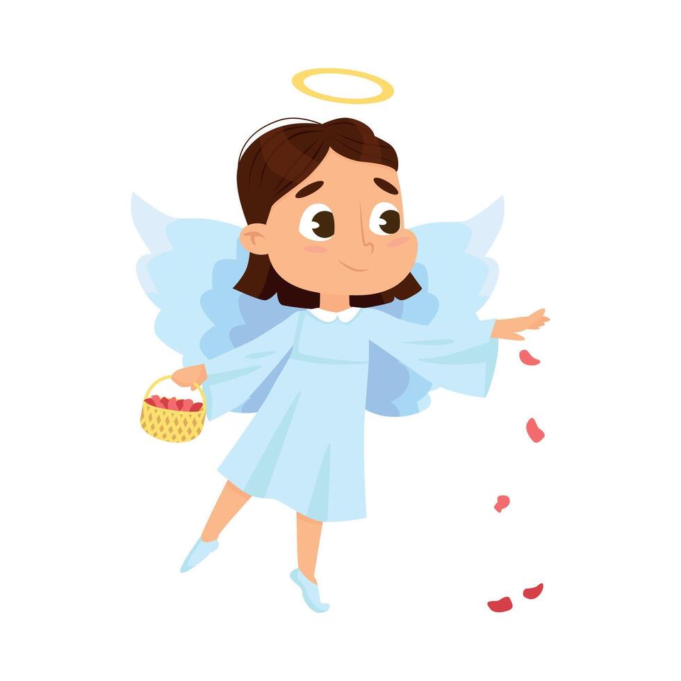 Cute Baby Angel with Basket Full of Rose Petals, Angelic Girl with Wings and Halo Cartoon Style Illustration vector