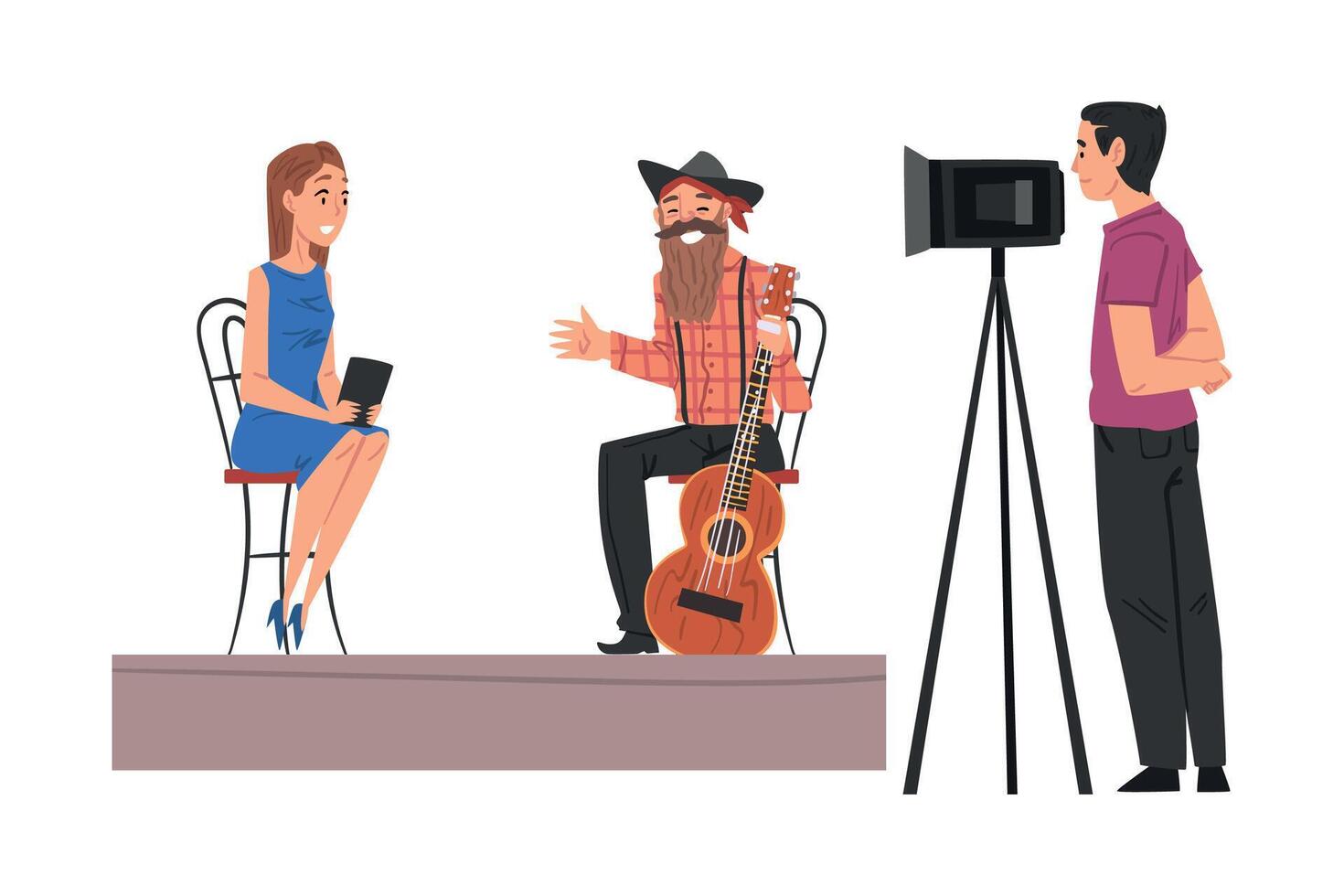 Journalist Taking Interview at Guest and Cameraman Looking Through Camcorder on Tripod in Studio, Television Industry Concept Cartoon Style Illustration vector