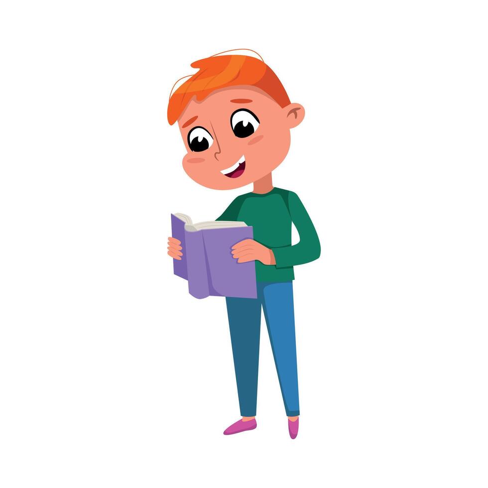 Cute Boy Reading Book while Standing, Preschooler Kid or Elementary School Student Enjoying Literature Cartoon Style Illustration vector