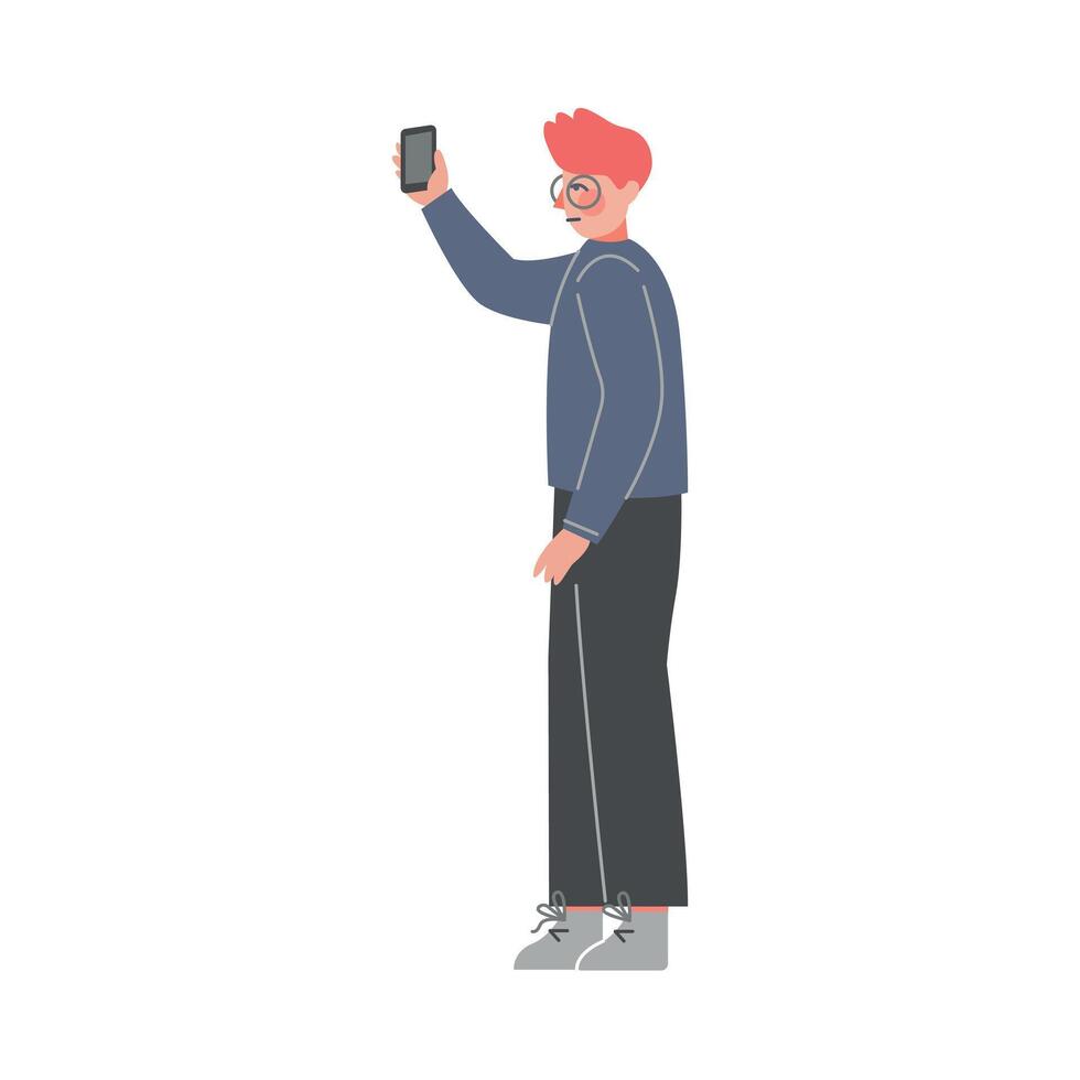 Side View of Young Man Standing, Listening Attentively and Recording or Audio Information on Smartphone Illustration vector