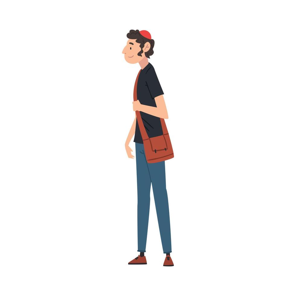 Jew Guy in Casual Clothes Standing with Bag, International College or University Student Character Illustration vector