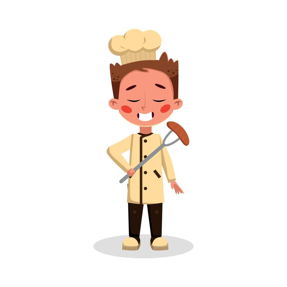 Boy Professional Chef Character Holding Sausage on Fork, Cute Kid in Uniform and Hat Cooking Tasty Dish Cartoon Style Illustration vector