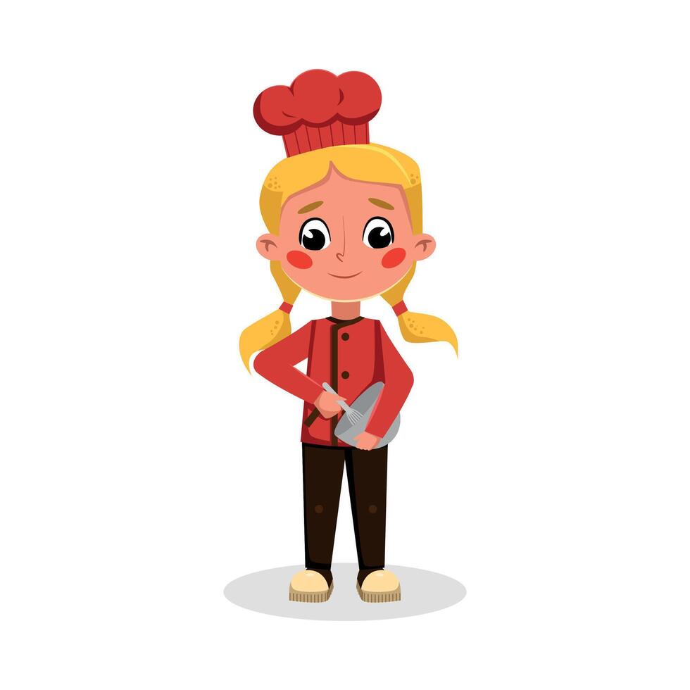 Girl Baker or Confectioner Character Holding Bowl and Whisk, Side View of Cute Chef Kid in Uniform and Hat Cooking Tasty Dish Cartoon Style Illustration vector