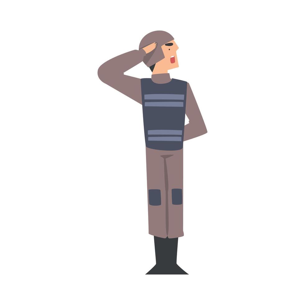 Army Soldier Saluting, Military Man Character in Combat Uniform and Bulletproof Vest Cartoon Style Illustration vector