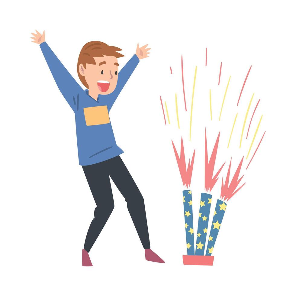 Cute Happy Boy Launching Fireworks, Child Watching Firework Explosion Cartoon Style Illustration vector