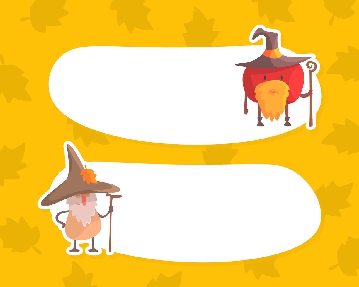 Fantastic Fruits Characters with Blank Banners Set, Funny Fruits in Hats Standing with Staff Cartoon Illustration vector