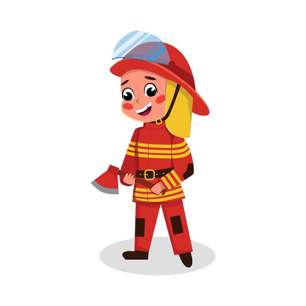 Cute Boy Firefighter Character in Uniform with Axe in his Hands, Kids Hobby or Future Profession Concept Cartoon Style Illustration vector