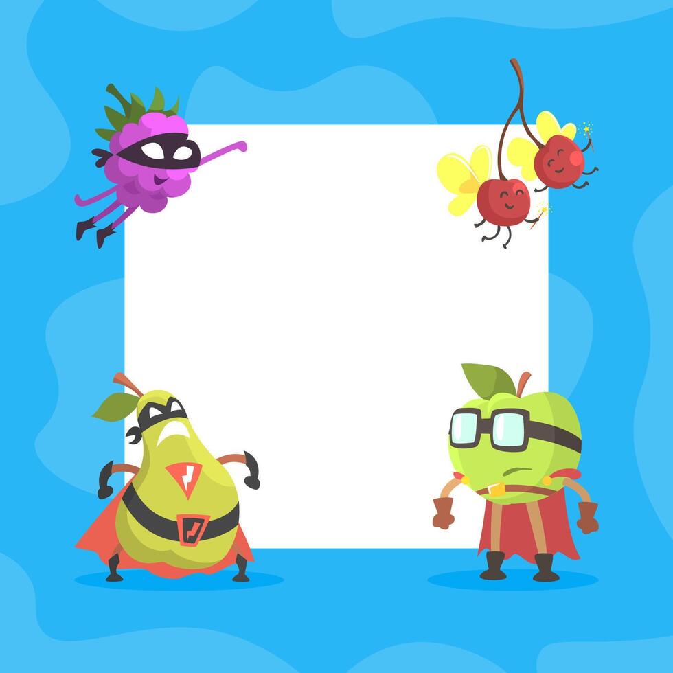 Funny Fruits Characters with Blank Banner, Cute Fruits Dressed in Superhero Costumes Cartoon Illustration vector