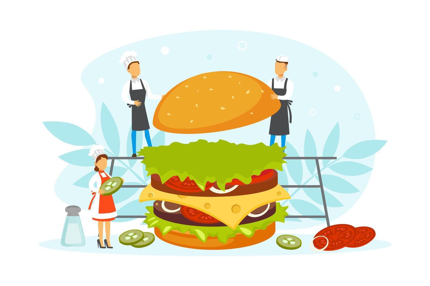 Restaurant Team Cooking Burger, Tiny Chef Characters in Uniform and Cap Cooking Fast Food Dish in Kitchen Illustration vector