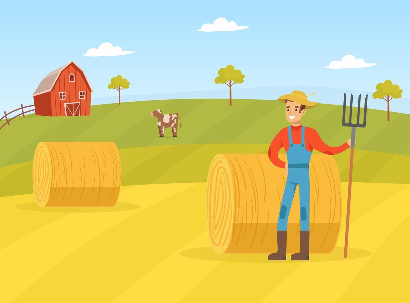 Farmer Standing with Pitchfork on Background of Hay Bale, Agricultural Worker Character in Overalls Moving Hay in Haystack, Agriculture, Healthy Food Production Illustration vector