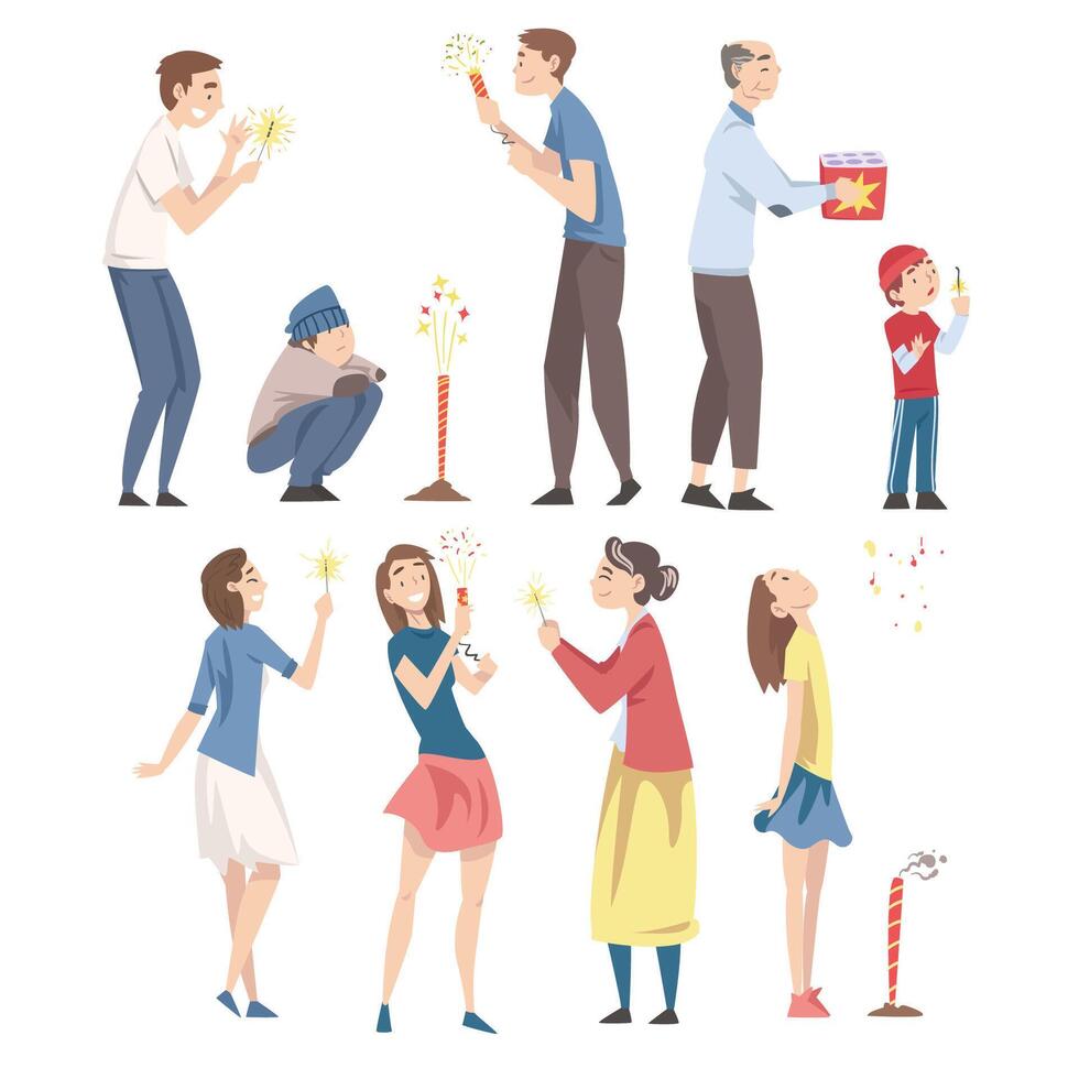 Happy People Launching Fireworks Set, People of Various Ages Celebrating Holidays and Enjoying Fireworks Show Cartoon Style Illustration vector