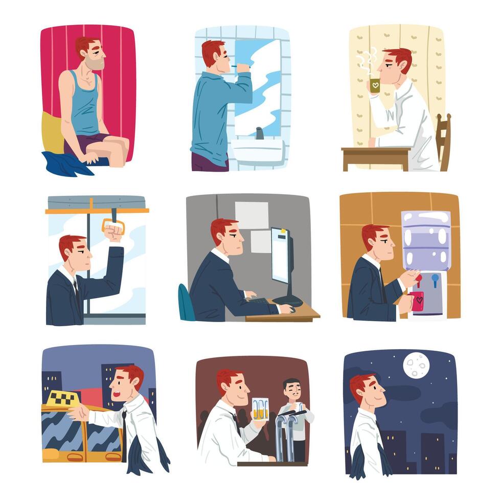 Businessman or Office Employee Daily Routine Set, Young Man Waking Up, Drinking Coffee, Working in Office on Computer Cartoon Style Illustration vector