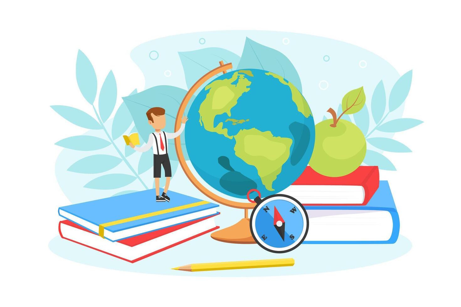 Tiny Boy Girl Studying with Huge School Supplies, School boy Standing on Pile of Books, next to Giant Earth Globe, Children Education Concept Illustration vector