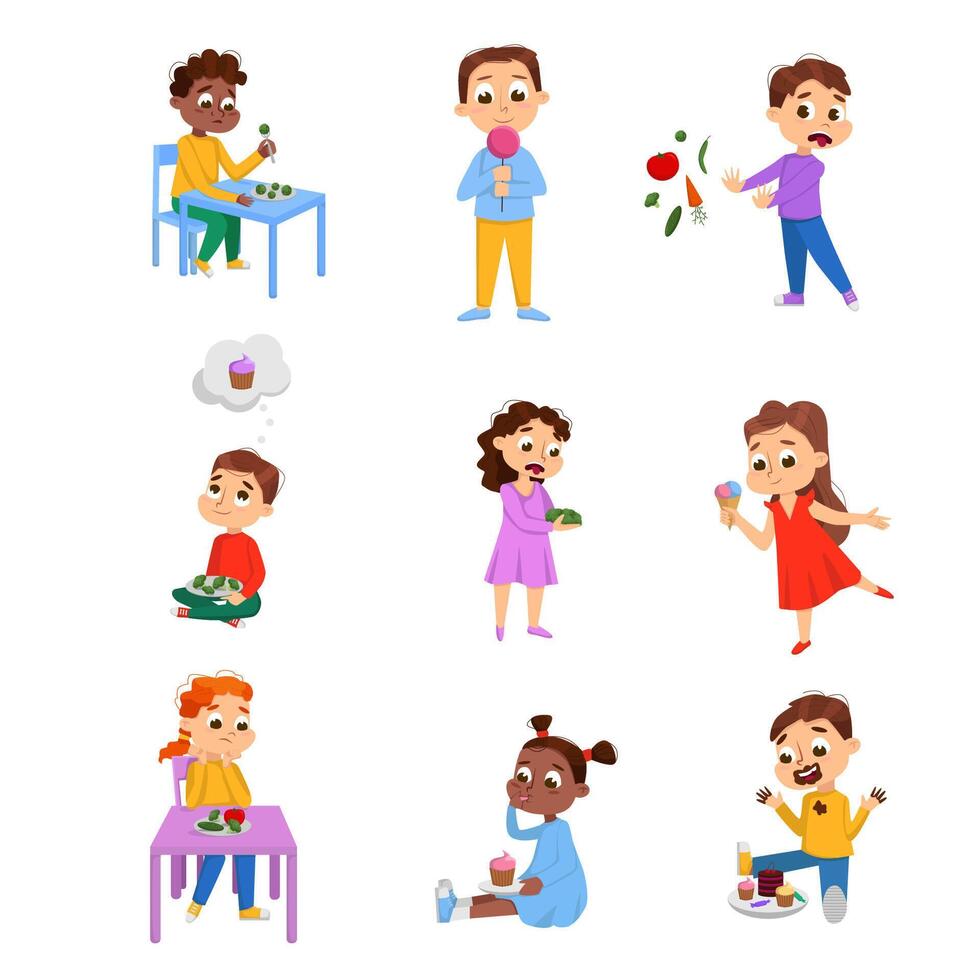 Kids Choosing Between Healthy and Unhealthy Food Set, Boys and Girls Refusing to Vegetables and Enjoying of Eating Sweet Desserts Cartoon Style Illustration vector