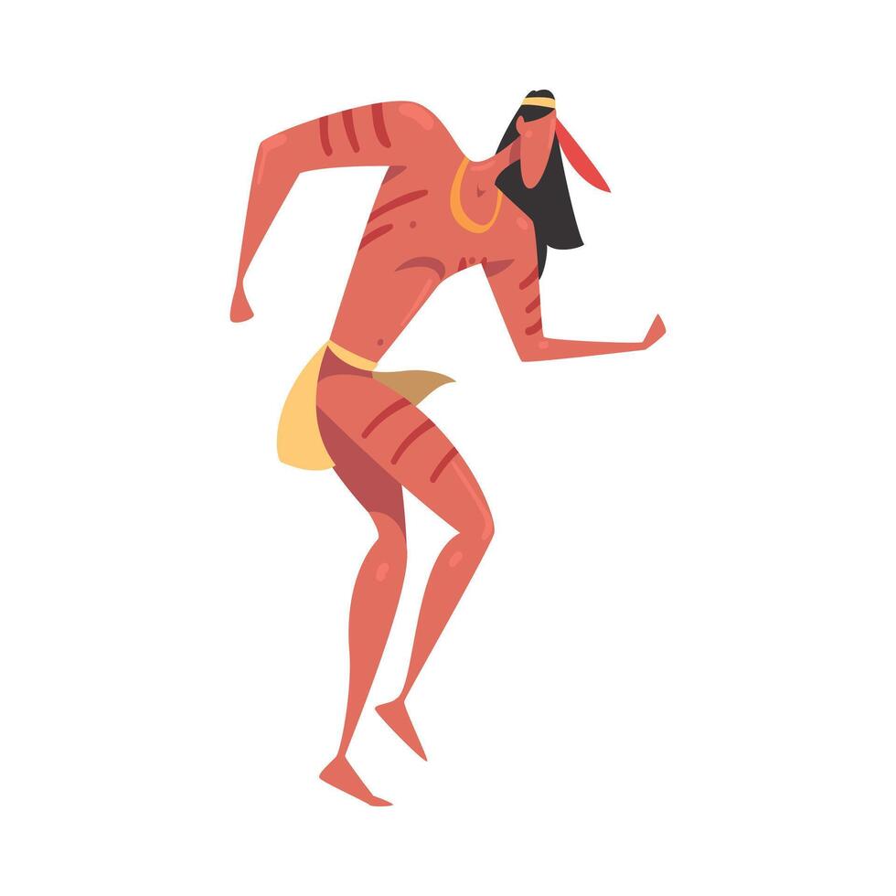 Native American Indian Ritual Dance, Naked Man in Loincloth Dancing Folk Dance Cartoon Style Illustration vector