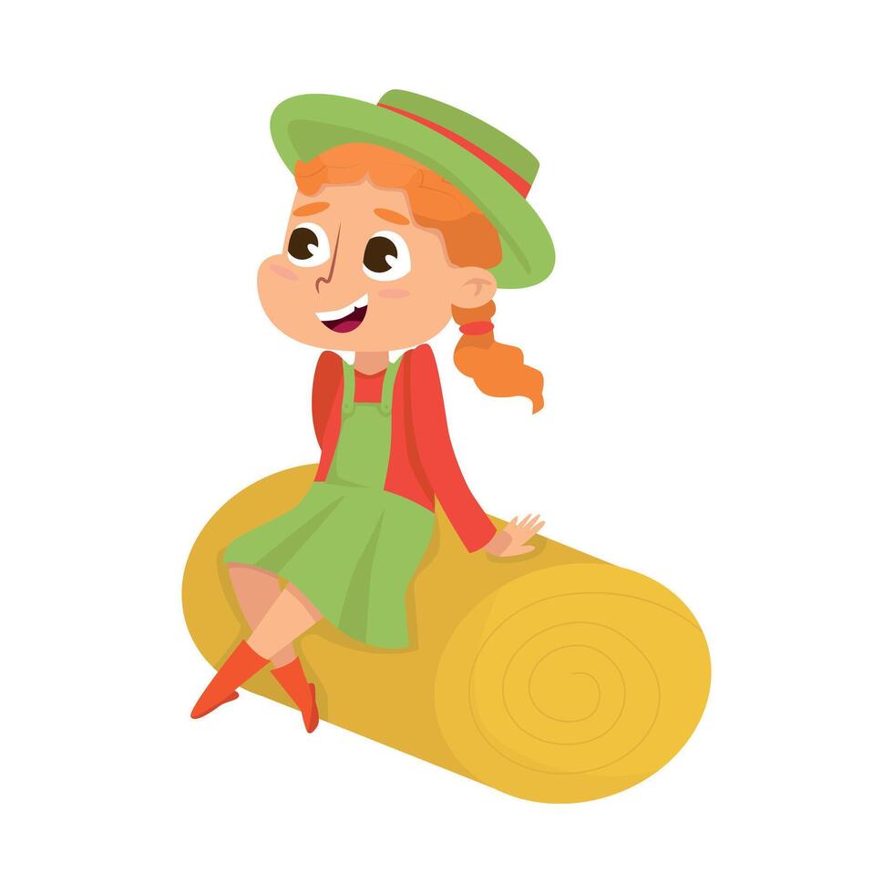 Cute Girl Sitting on Bale of Hay, Little Kid Working on Farm Cartoon Style Illustration vector