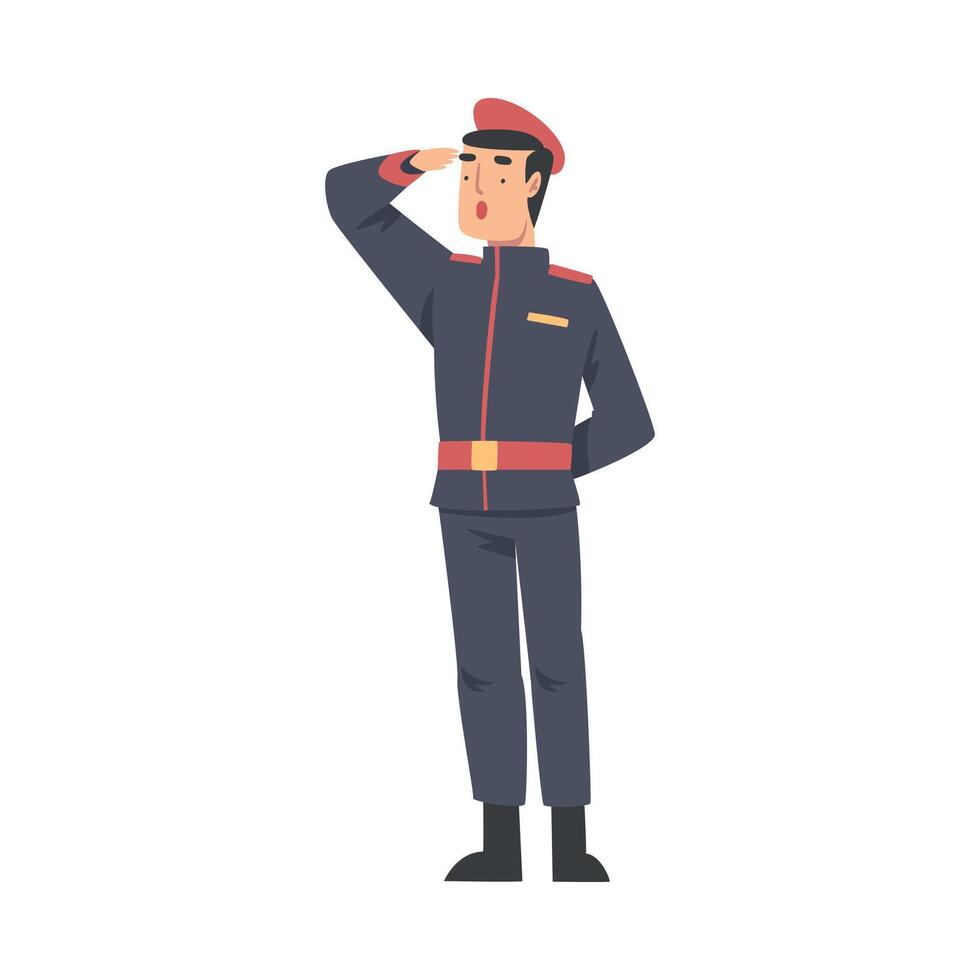 Army Soldier Saluting, Military Man Character in Blue Uniform Cartoon Style Illustration vector