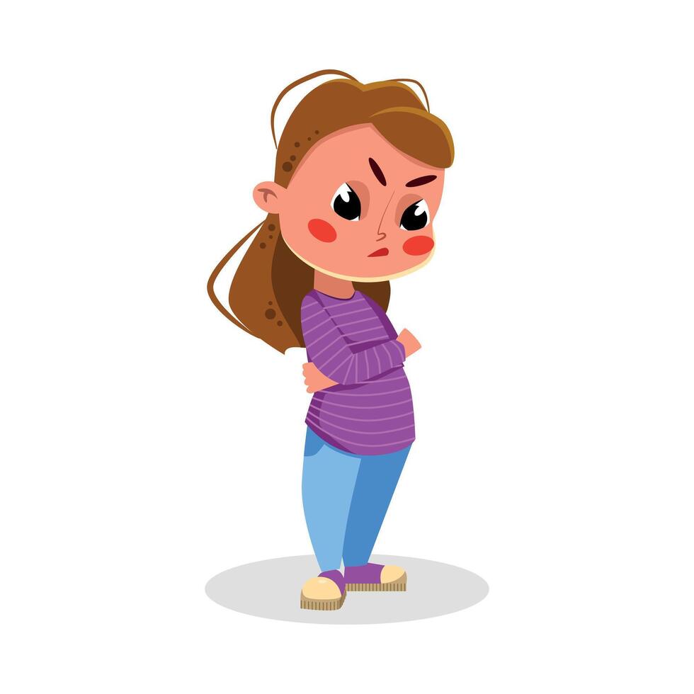 Upset Angry Girl Standing with Folded Hands, Naughty Hoodlum Kid Character Cartoon Style Illustration vector