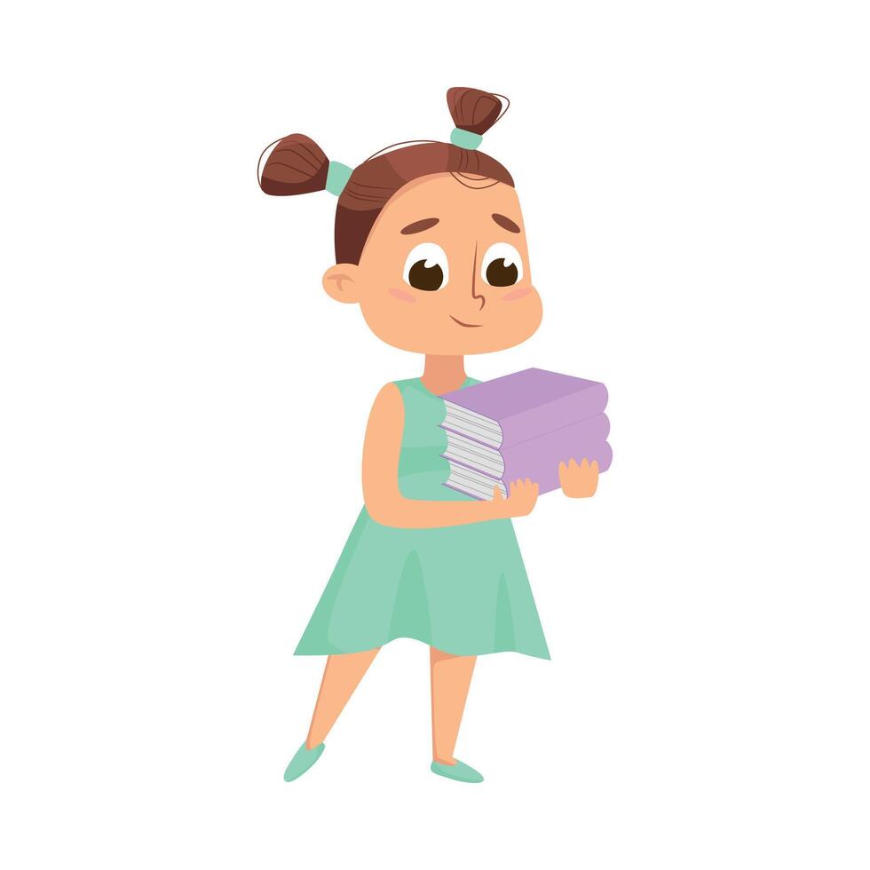 Cute Intelligent Girl Holding Stack of Books, Education and Knowledge Concept Cartoon Style Illustration vector