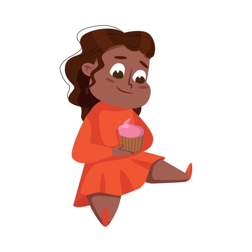 Overweight Chubby Girl Eating Cupcake, Cheerful Fat Unhealthy Kid Character Cartoon Style Illustration vector