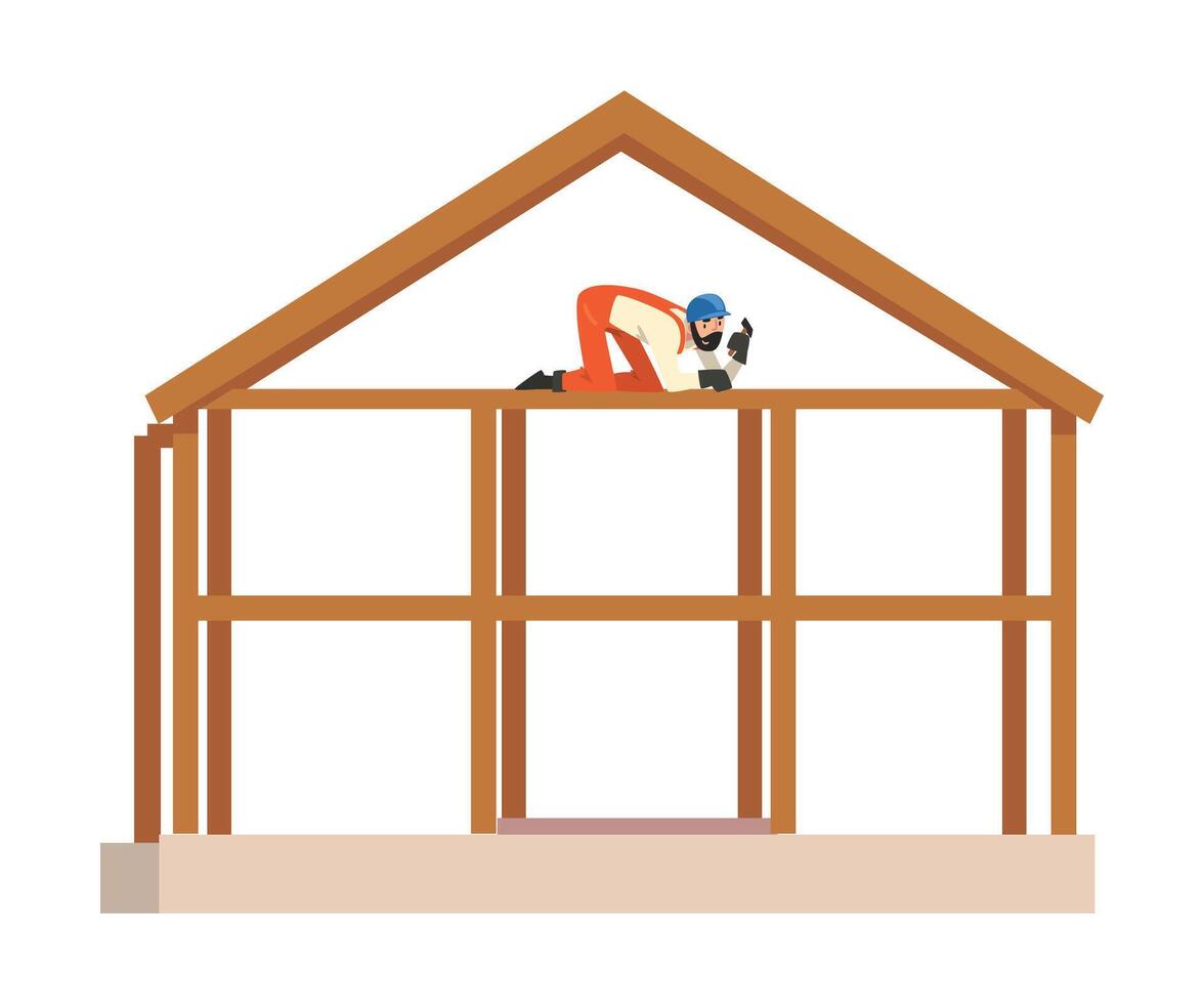 Construction Worker Character Wearing Workwear and Protective Helmet Building Wooden House Cartoon Illustration vector