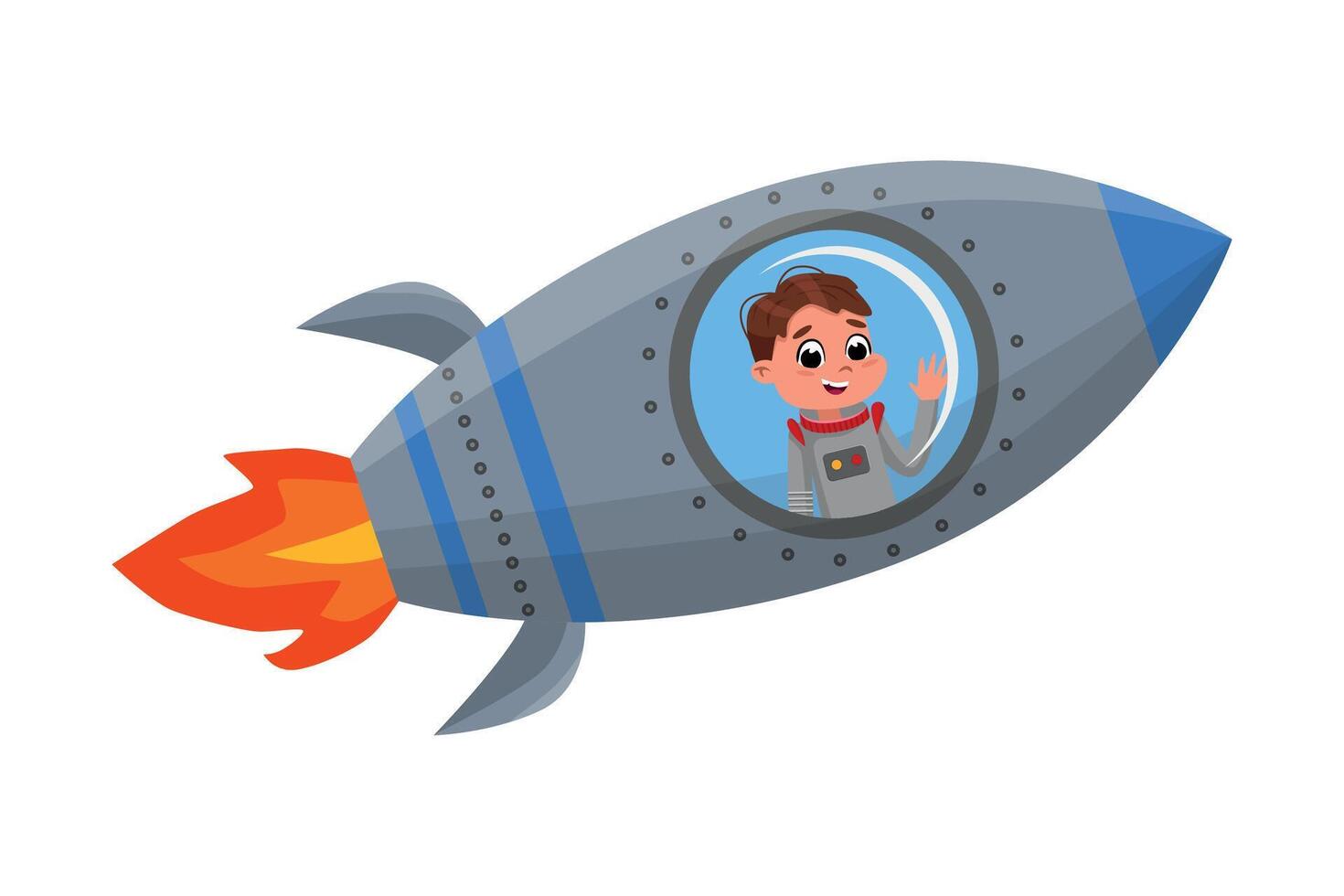Cute Happy Kid Astronaut Character Flying in Rocket, Little Boy Dreaming of Becoming an Astronaut Cartoon Style Illustration vector