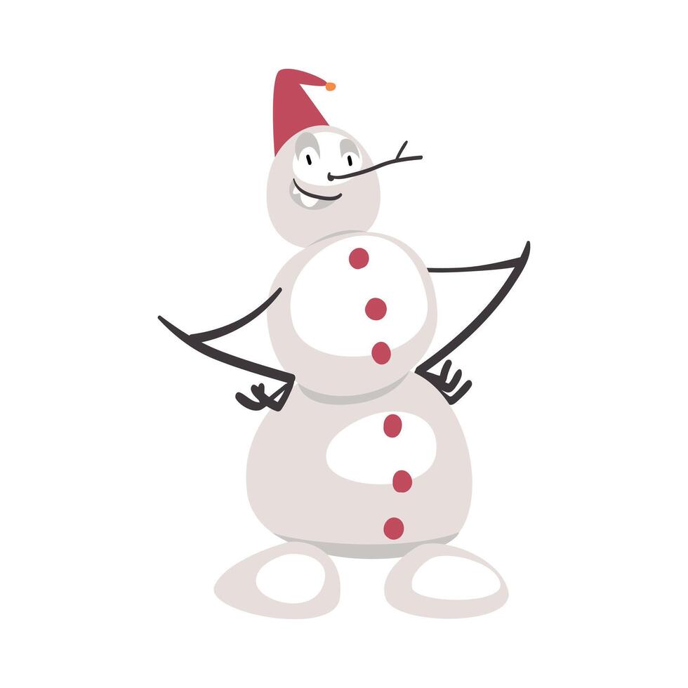 Funny Snowman Christmas Character in Red Knitted Hat, Symbol of Xmas and New Year Holidays Cartoon Style Illustration vector
