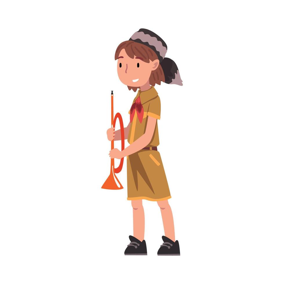 Smiling Scout Girl with Trumpet, Scouting Kid Character Wearing Uniform, Red Neckerchief and Coonskin Cap, Summer Camp Activities Illustration vector
