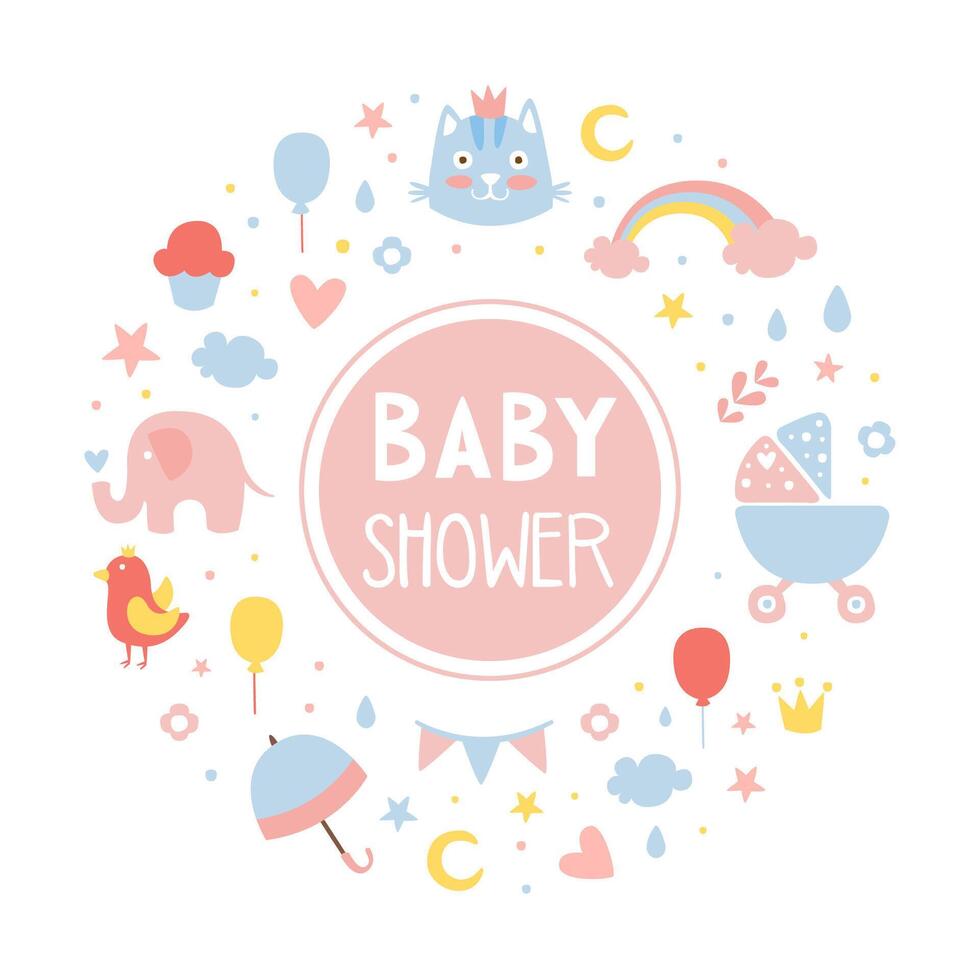 Baby Shower Banner, Invitation, Greeting Card Template with Cute Childish Objects of Round Shape Cartoon Illustration vector